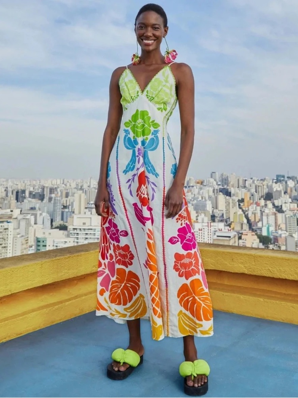 FARM Rio Multicolor Floral Bird Linen Viscose Crochet Maxi Dress size Medium